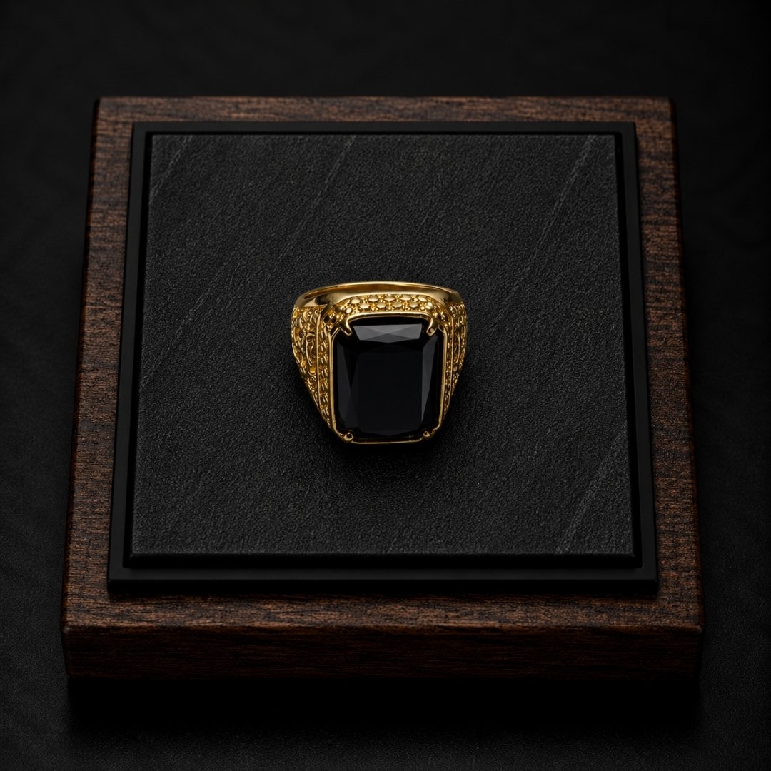 Gold Engraved Ring With Black Agate Diamond Stone