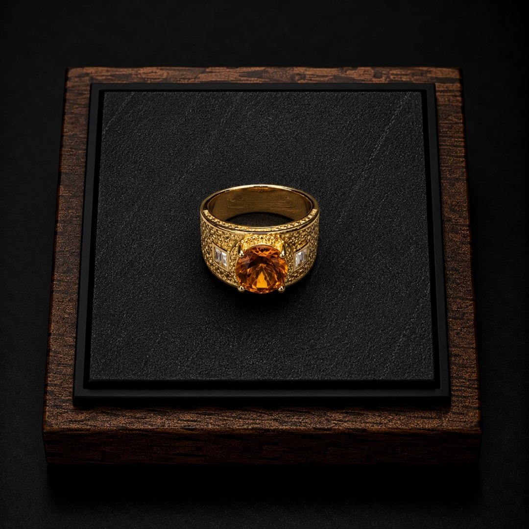 Gold Engraved Ring With Champagne Diamond